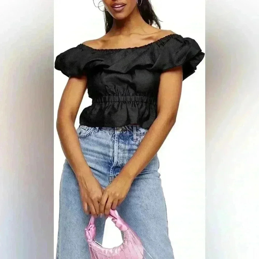 NEW Topshop Textured Bardot Crop Peplum Blouse – Black – Women’s US‎ 8